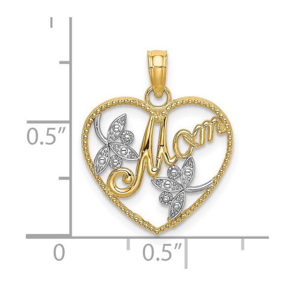 14k Yellow Gold w/ Rhodium Textured Heart w/ MOM Charm